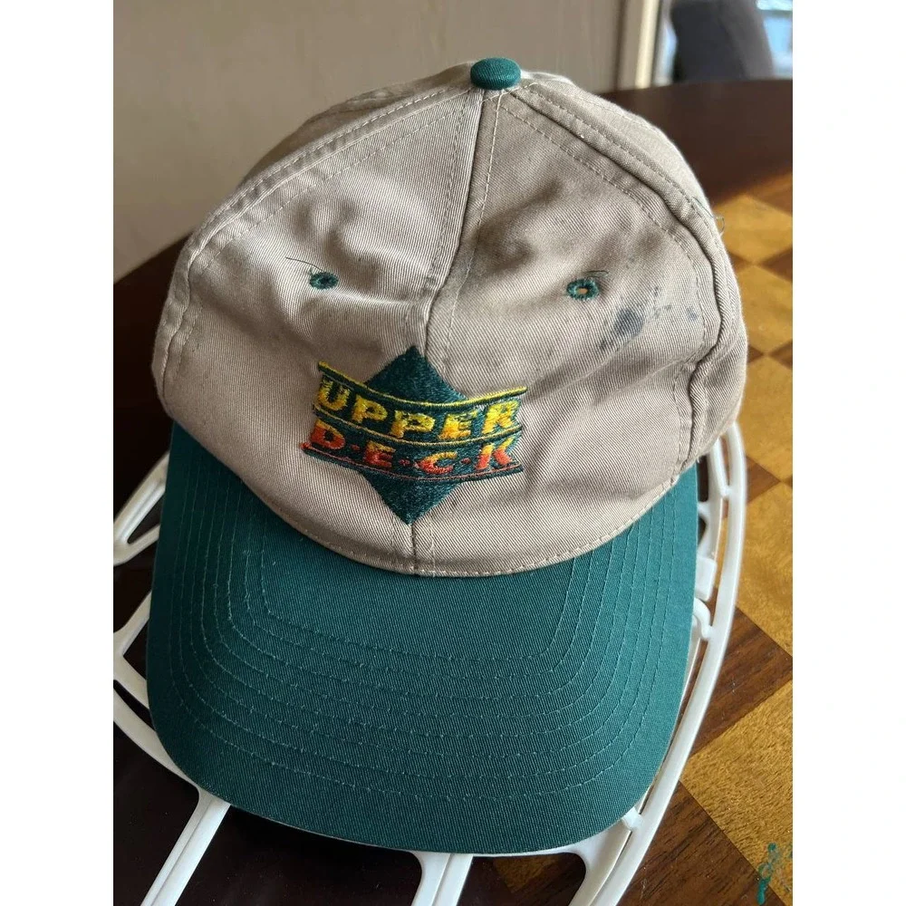 Vintage Upper Deck Trading Cards Logo Hat Tan Green Two Tone Baseball Cap‎